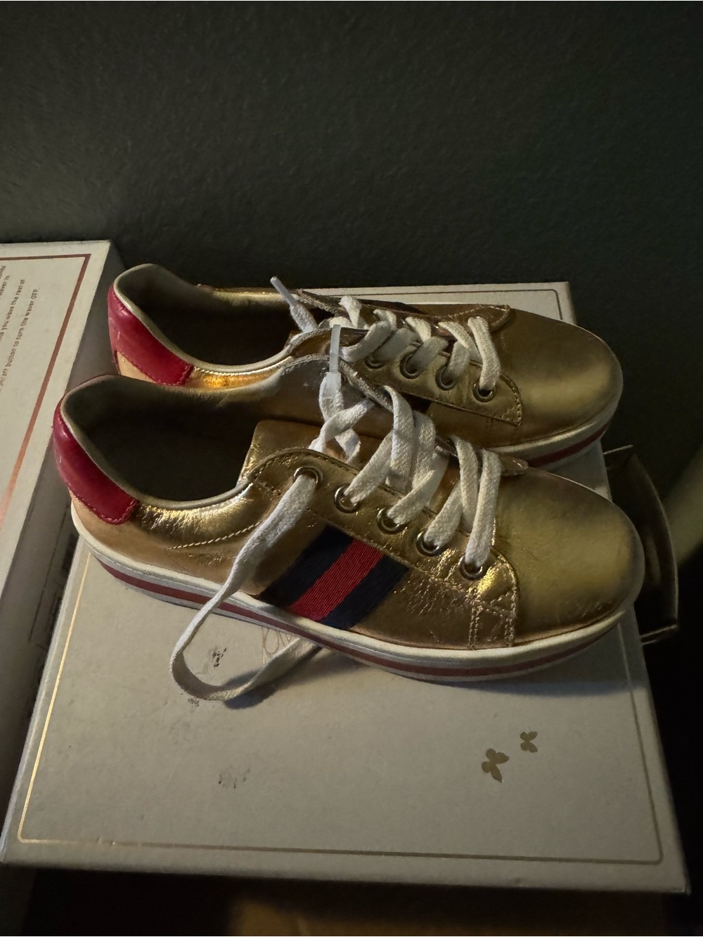 Gucci Kids Gold Sneakers with Red Heel and Navy-Red Web Stripe